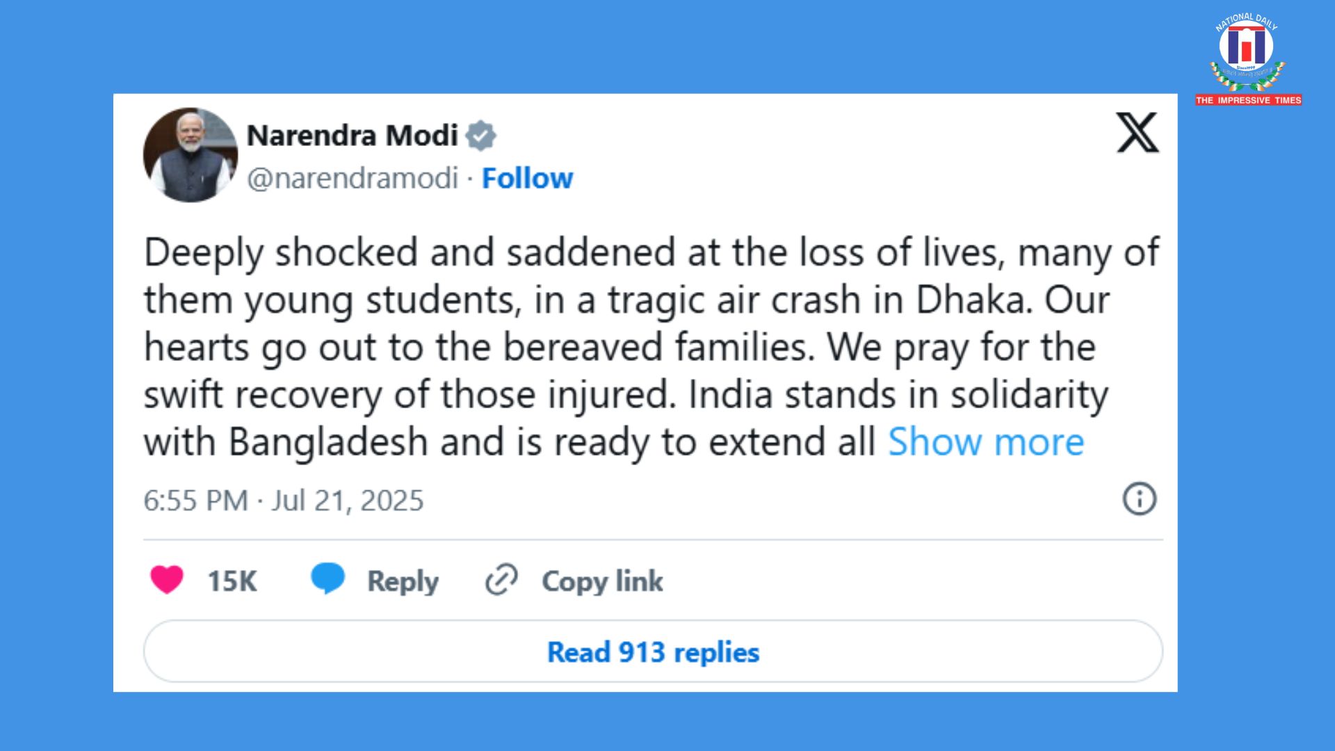 PM Modi Condoles Loss of Young Lives in Tragic Dhaka Air Crash; Assures India’s Support to Bangladesh