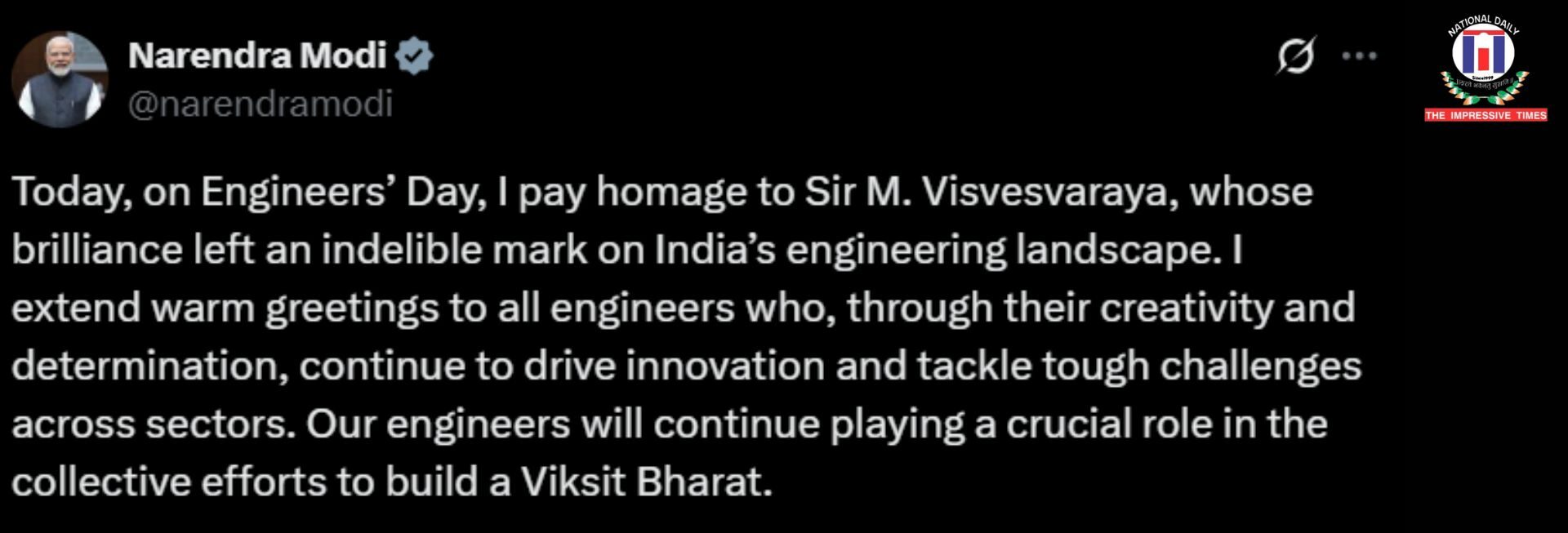 PM Modi Pays Tribute to Sir M. Visvesvaraya on Engineers’ Day