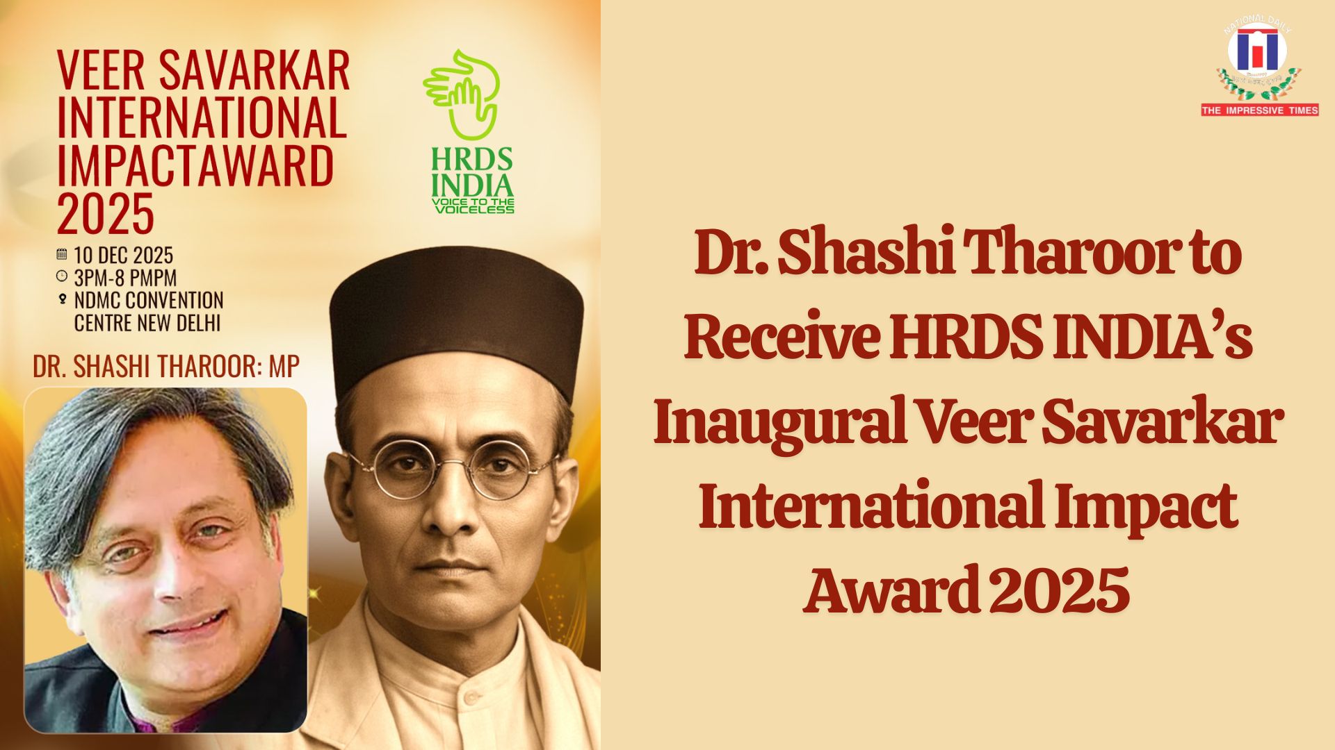 Shashi Tharoor Veer Savarkar International Impact Award HRDS INDIA Rajnath Singh