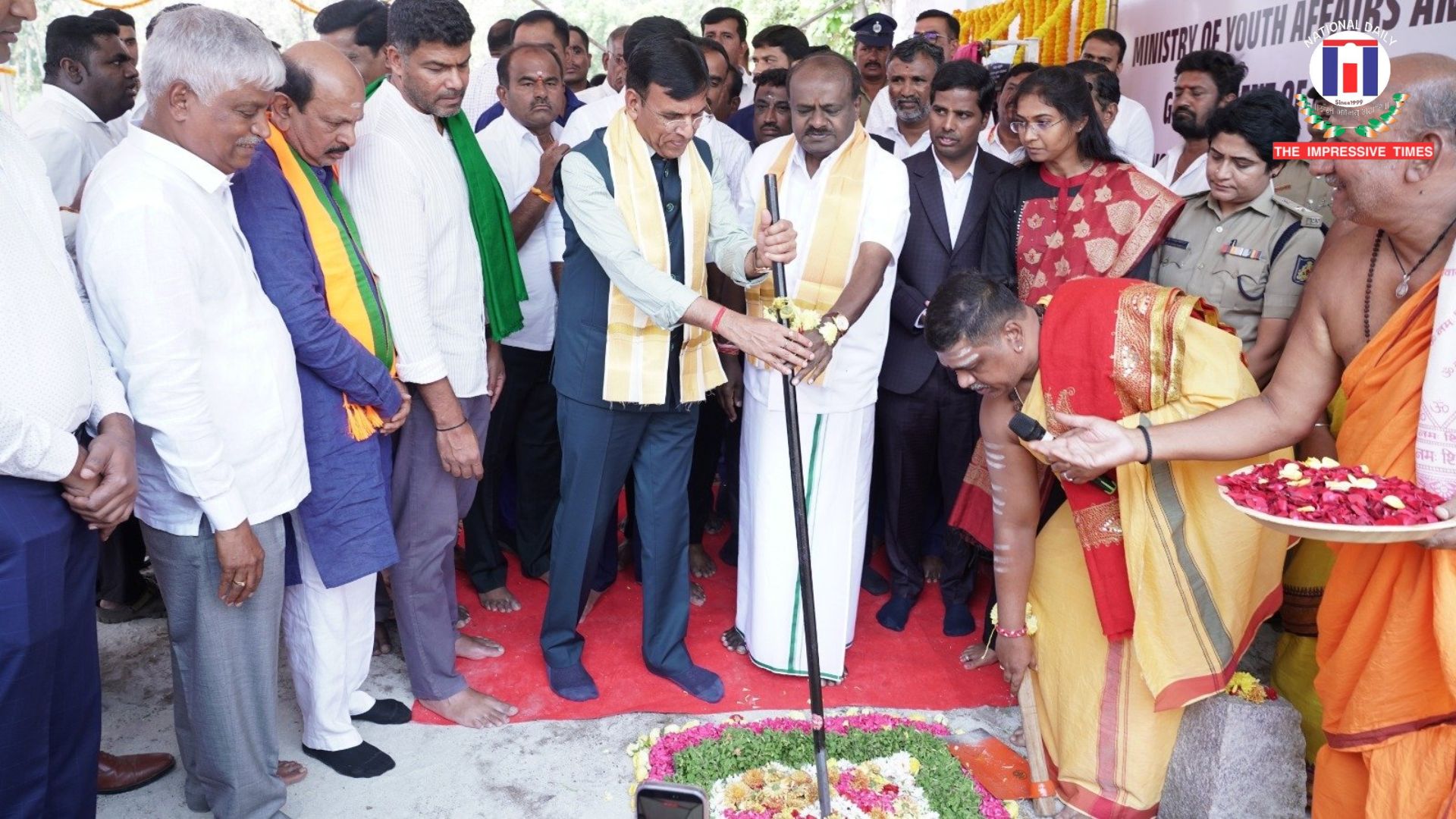 Dr. Mansukh Mandaviya and H. D. Kumaraswamy Lay Foundation for ₹14-Crore Indoor Sports Complex in Mandya