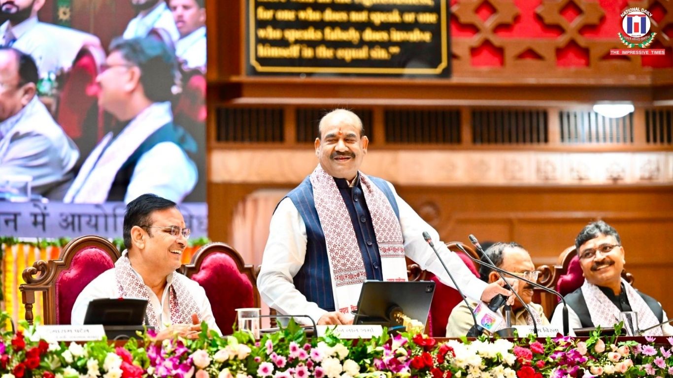 Lok Sabha Speaker Om Birla addresses the Rajasthan Legislative Assembly's 75th anniversary event in Jaipur.