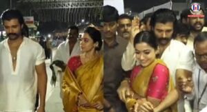 Vijay Deverakonda Protectively Holds Rashmika Mandanna as Fans Mob Couple at Tirumala Ahead of Ranabaali Release